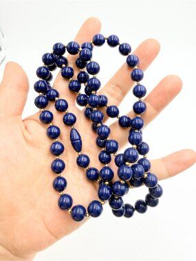 Vintage Navy Blue Resin Bead Opera Necklace Long Beaded Statement Necklace